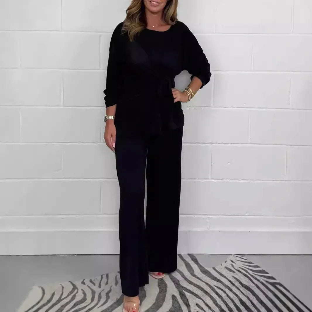 Aurelle™ Premium-Strickset mit Bluse mit Frontschnürung und fließender Hose / Das Wildcard-Teil der modernen Garderobe!