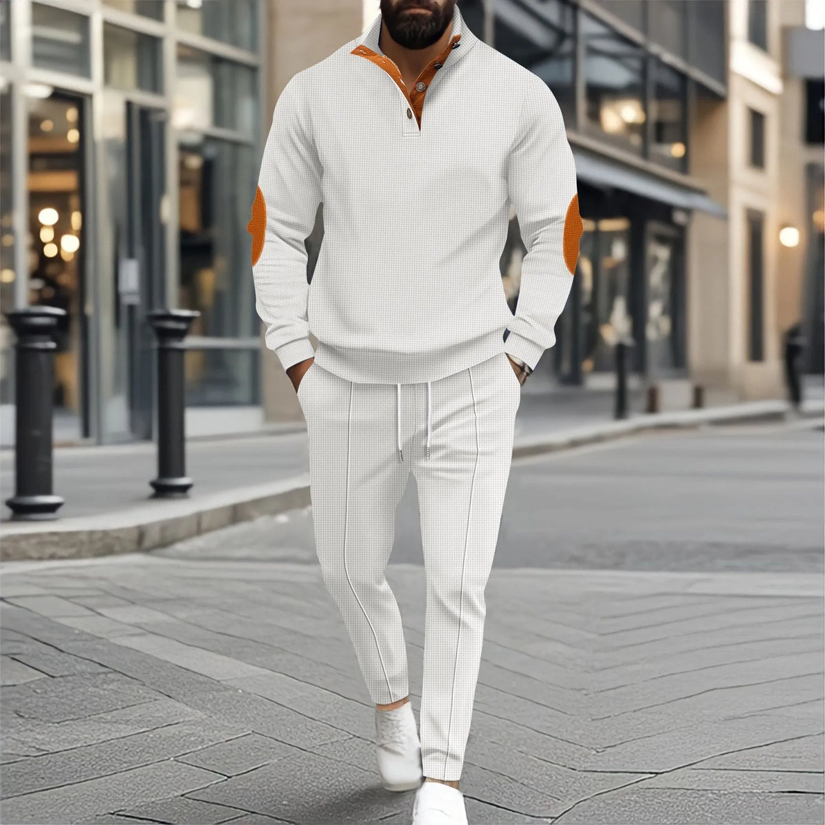 Set Matthis™ mit Stehkragenpullover mit Ellenbogenpatches und schmaler Hose