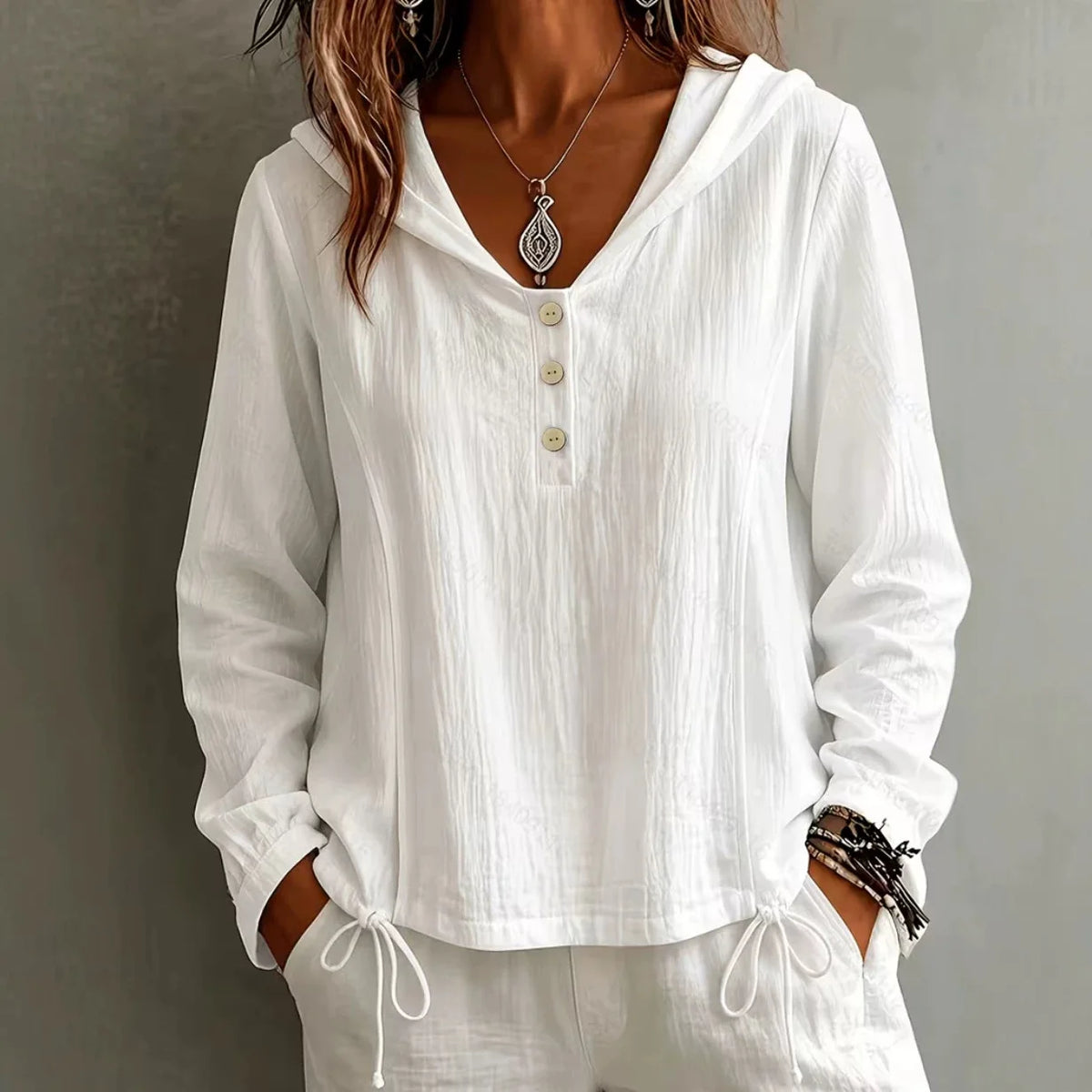 Bluse Matilda™ mit Kapuze, Knopfleiste und Kordelzug