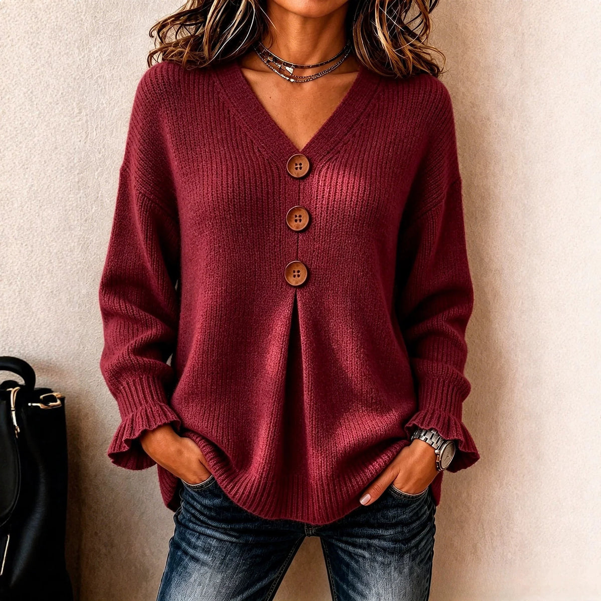 Bluse Hedda™ mit V-Ausschnitt, Rippbündchen und weitem Schnitt