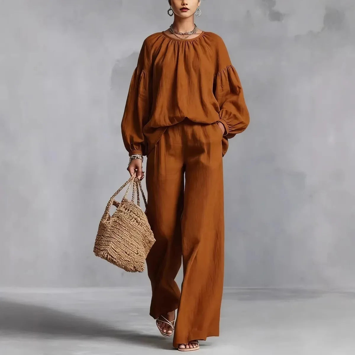 Zweiteiliges Set Valdora™ mit Puffärmel-Bluse und Weit Geschnittener Hose