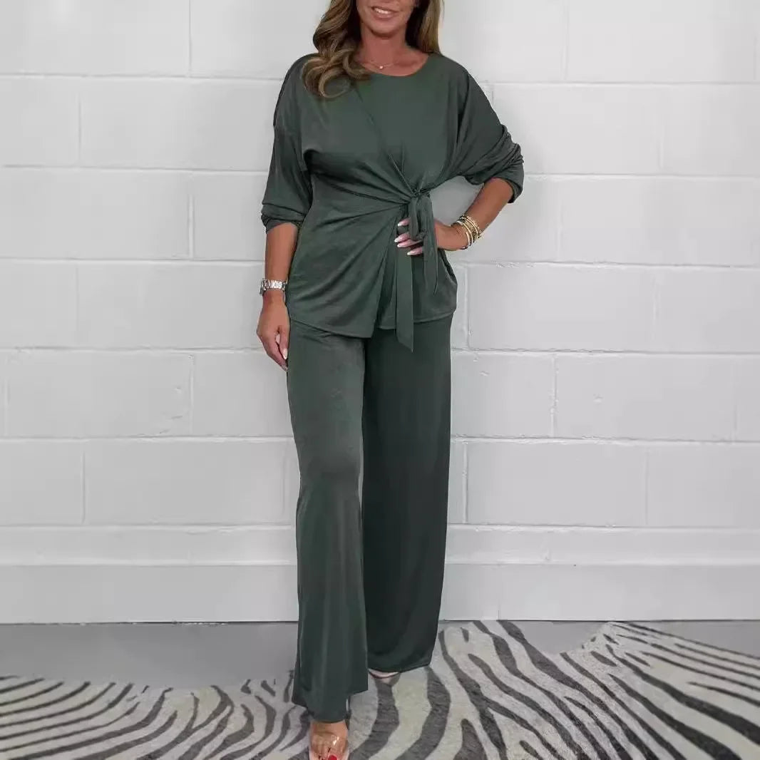 Aurelle™ Premium-Strickset mit Bluse mit Frontschnürung und fließender Hose / Das Wildcard-Teil der modernen Garderobe!