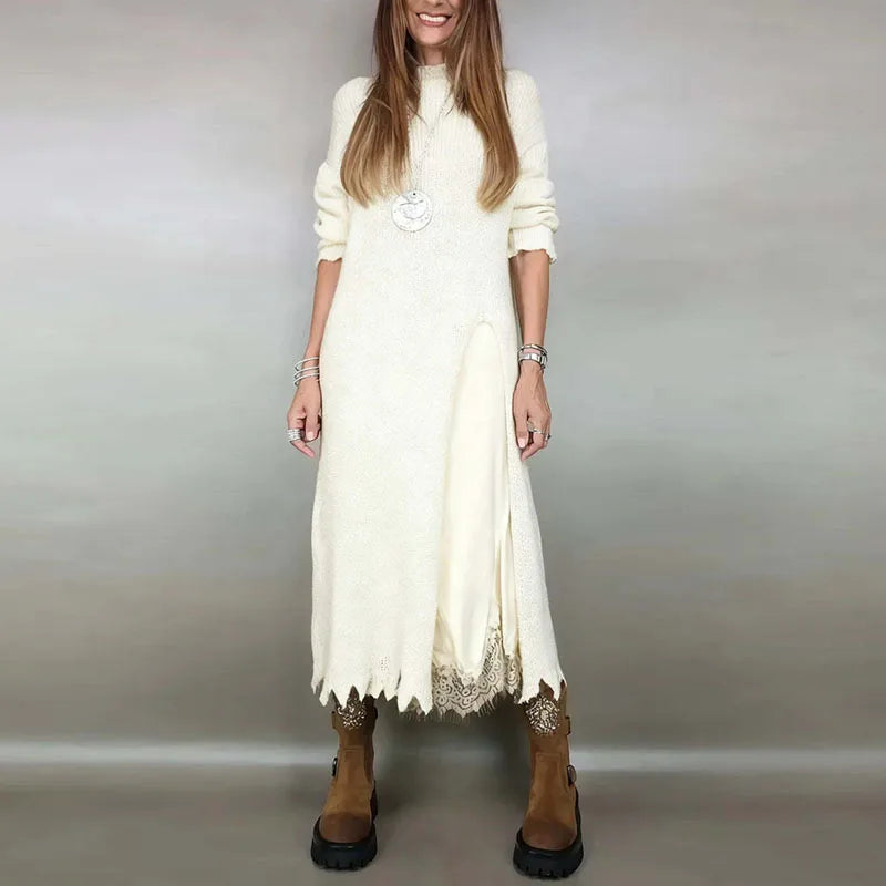 Valérie™ Set mit Langem Satin-Kleid und Feinstrick-Pullover / Zeitlose Eleganz in Jedem Detail!