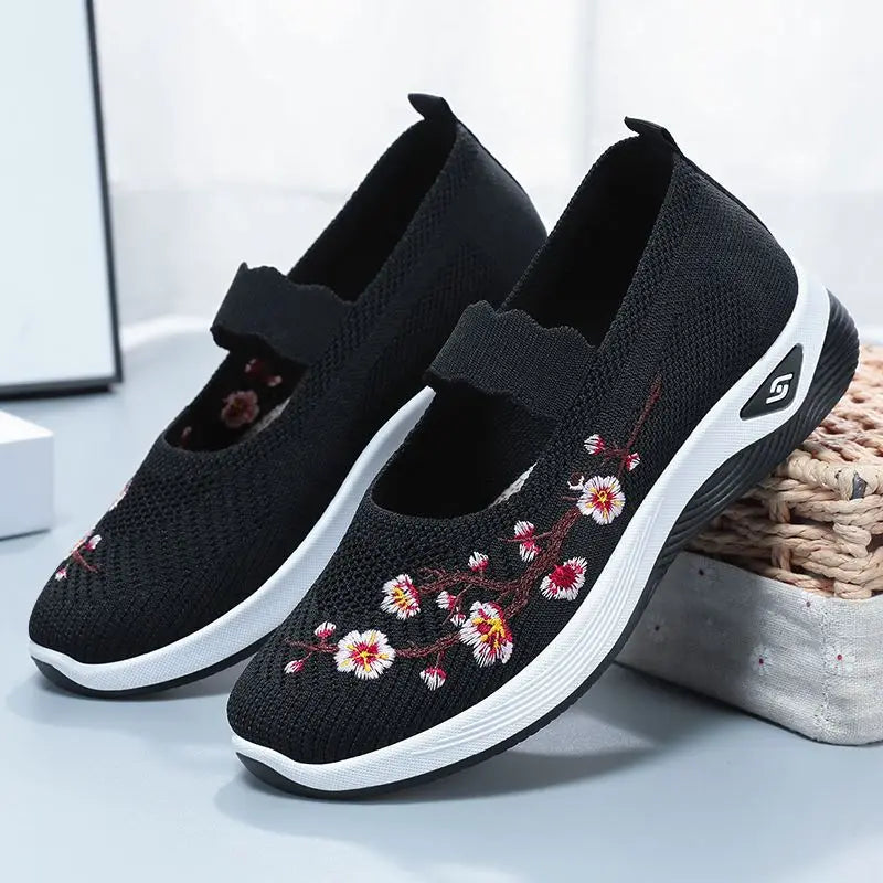 Rosalie™ Mary-Jane-Sneaker mit Atmungsaktivem Strickmaterial und Floraler Stickerei