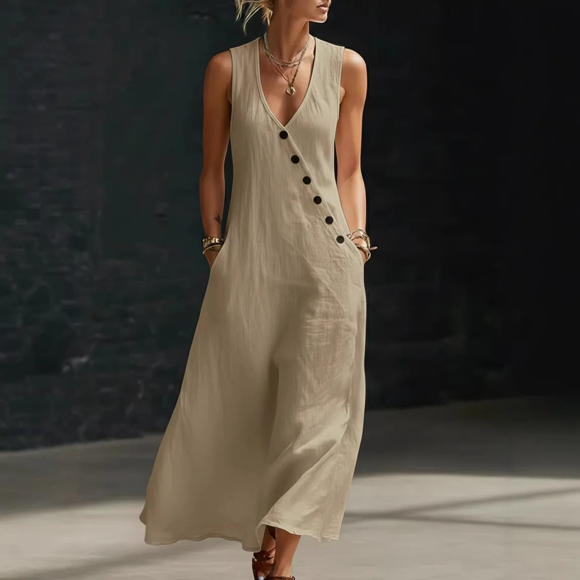 Antonella™ Midikleid mit Eleganten Knöpfen und V-Ausschnitt