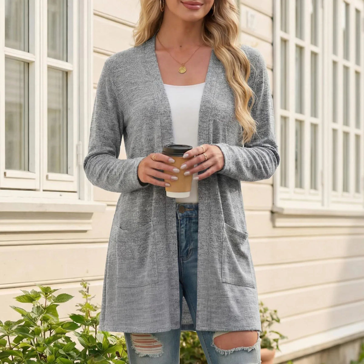 Cardigan Stefanie™ mit langem Schnitt, offener Front und aufgesetzten Taschen