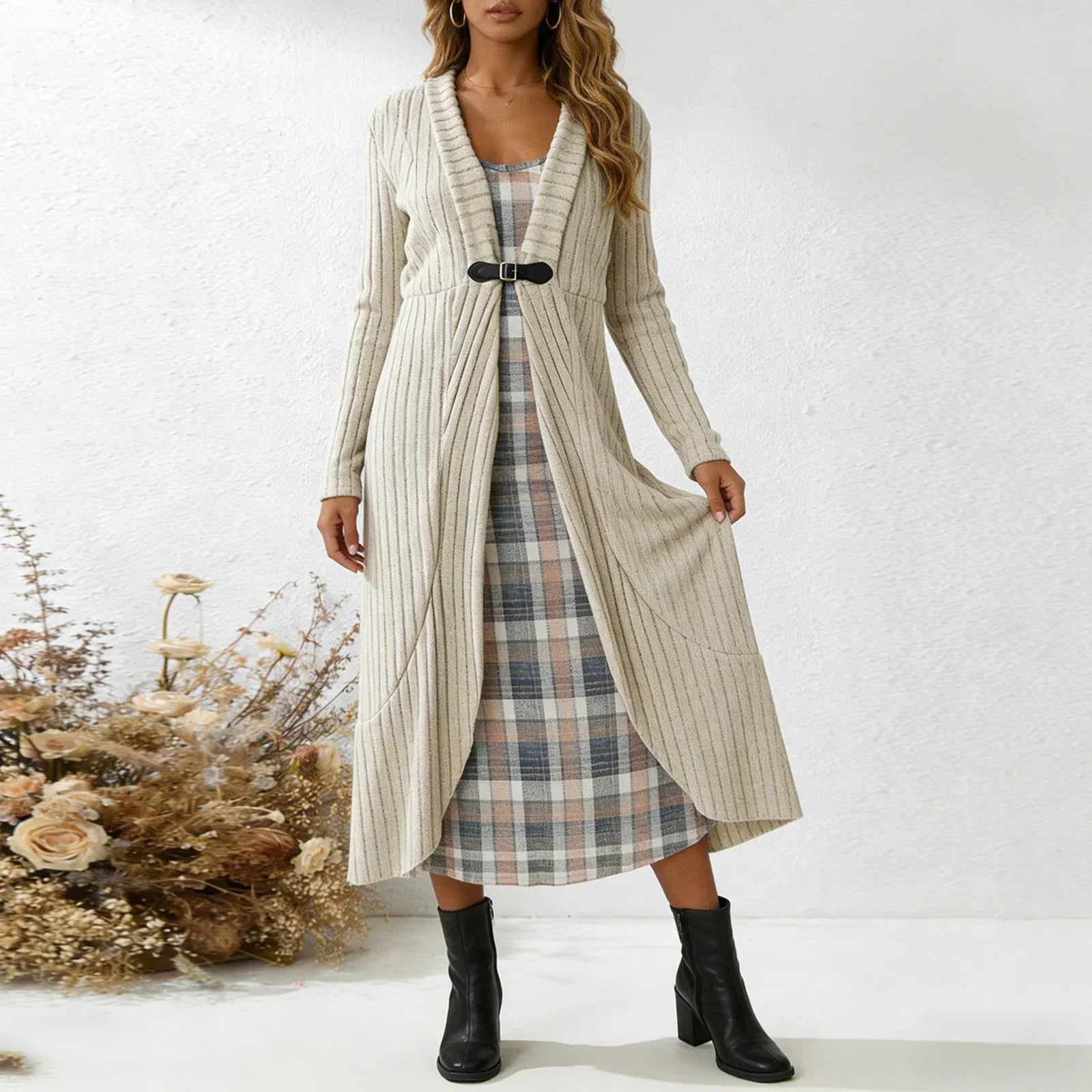 Aurenza™ Set Mit Kariertem Kleid und Langer Strickjacke