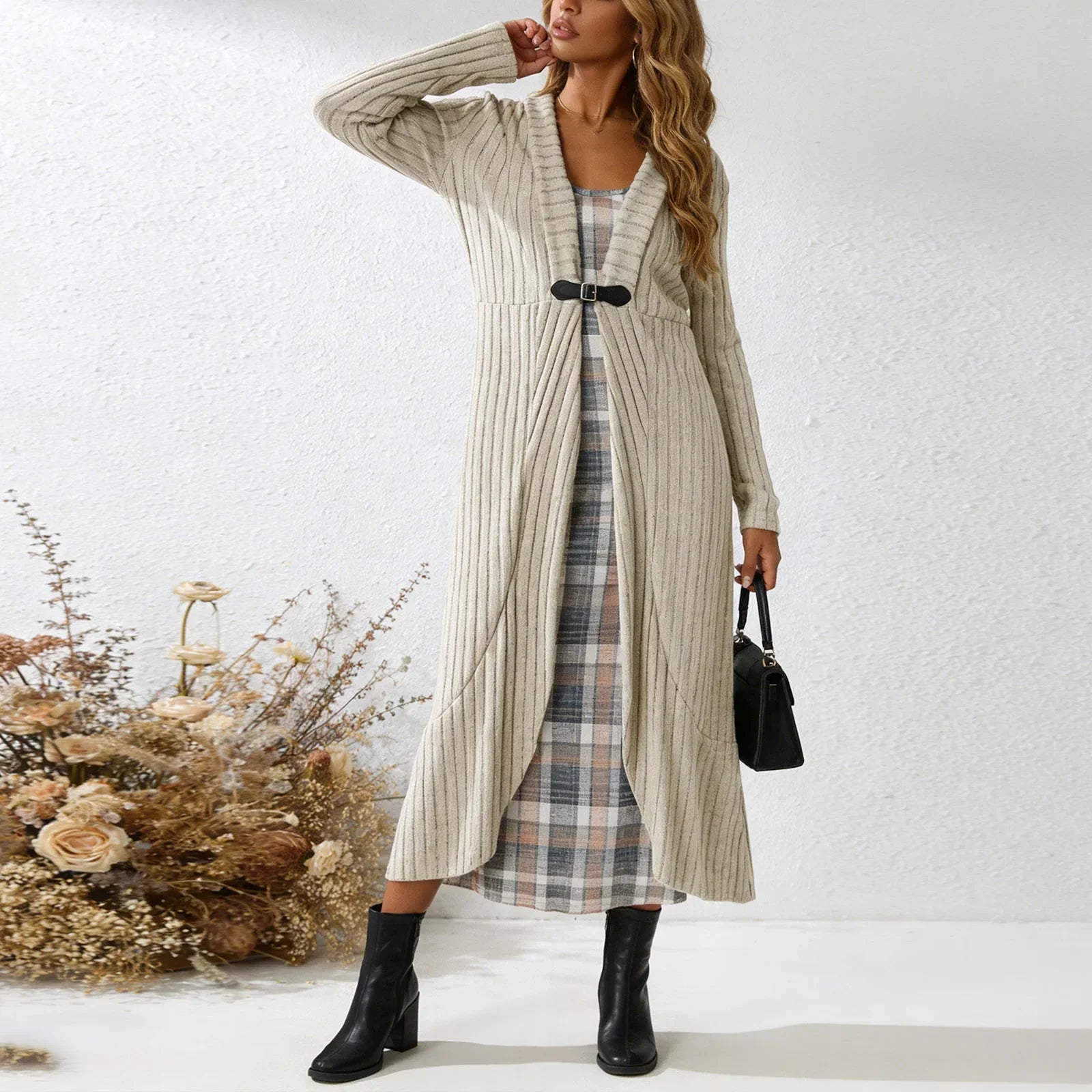 Aurenza™ Set Mit Kariertem Kleid und Langer Strickjacke