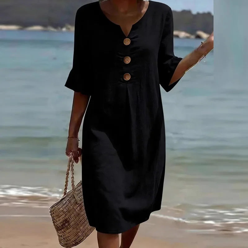 Liora™-Kleid aus Baumwollleinen mit Knöpfen Vorne und Lockerem Schnitt