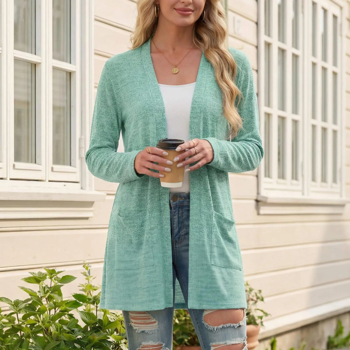 Cardigan Stefanie™ mit langem Schnitt, offener Front und aufgesetzten Taschen