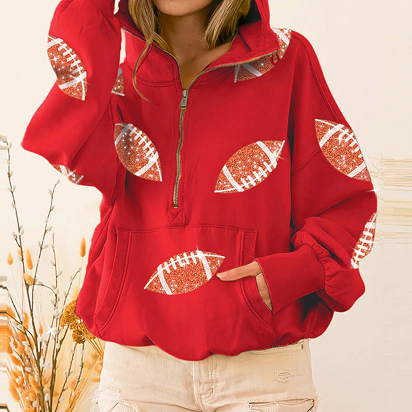 Touchdown Glam™ Hoodie aus Premium-Baumwolle mit Kapuze und Sportlichem Pailletten-Design / Glamour und Komfort in Perfekter Balance!