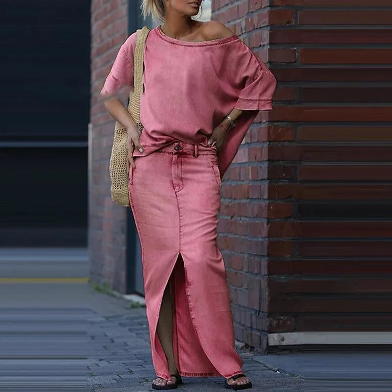 Capri Bleu™ Set mit Asymmetrischem Oberteil und Leichtem Jeansrock