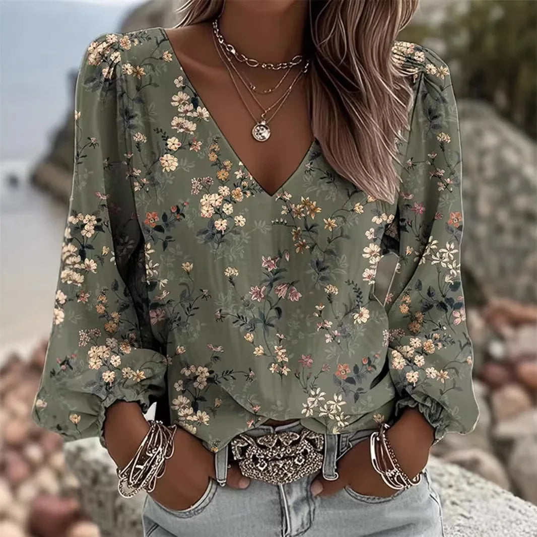 Merle™ Bluse mit V-Ausschnitt, langen Ärmeln und gerafften Bündchen