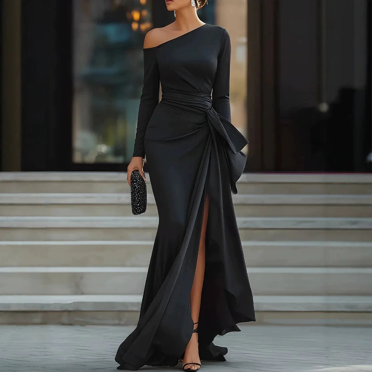 Kleid Vivienne™ mit Asymmetrischem Ausschnitt, Drapierung an der Taille und Vorderseitigem Schlitz