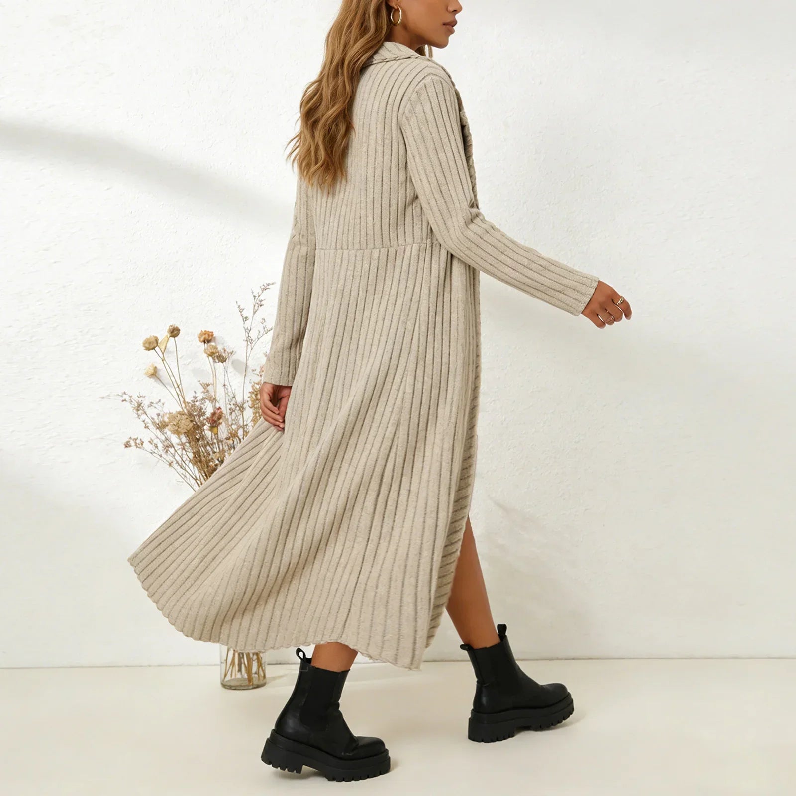 Aurenza™ Set Mit Kariertem Kleid und Langer Strickjacke