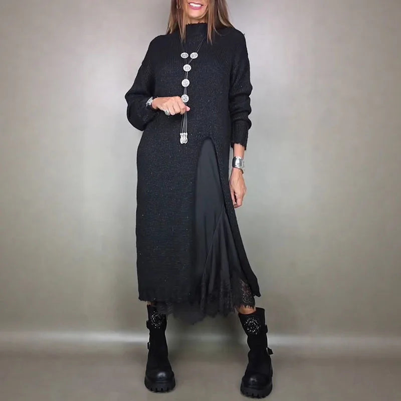 Valérie™ Set mit Langem Satin-Kleid und Feinstrick-Pullover / Zeitlose Eleganz in Jedem Detail!