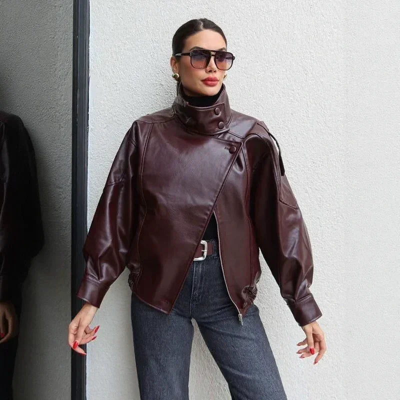Obsidian™ Jacke aus Hochwertigem, Dickem Leder mit Strukturiertem Stehkragen