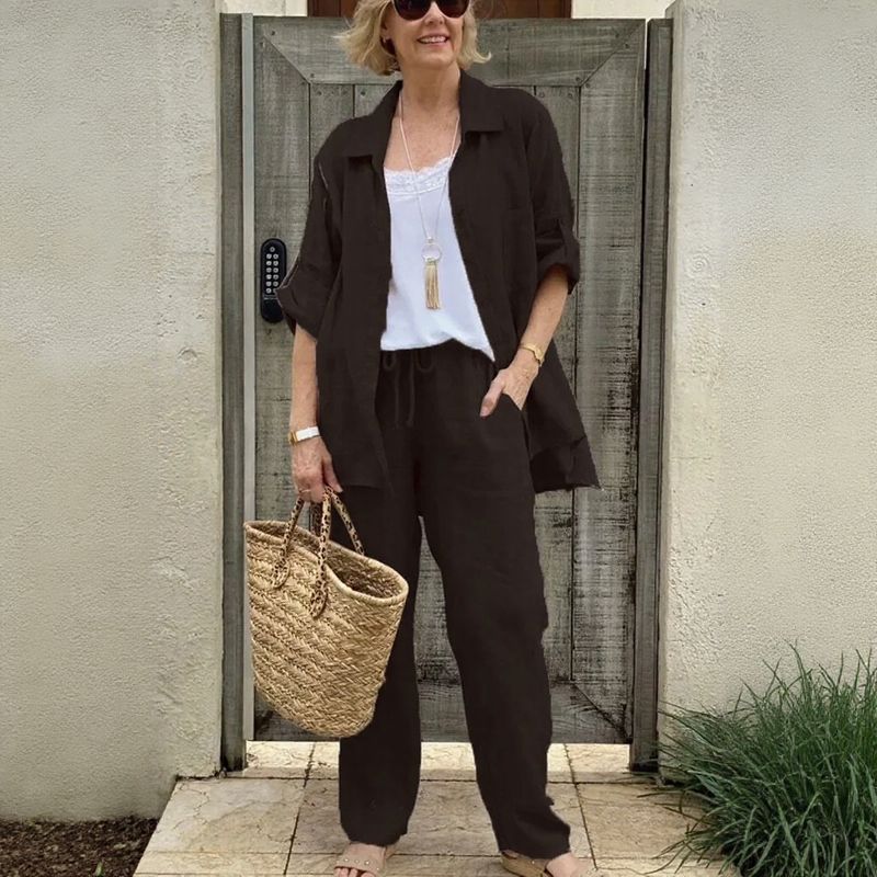 Yasmine™ Baumwoll-Leinen-Set mit Button-down-Hemd und verstellbaren Ärmeln