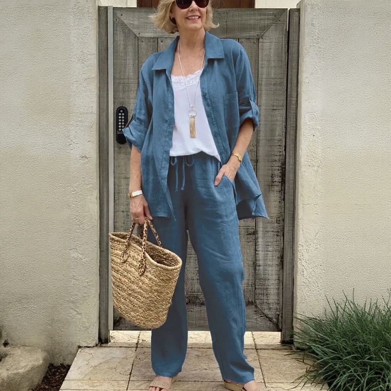 Yasmine™ Baumwoll-Leinen-Set mit Button-down-Hemd und verstellbaren Ärmeln