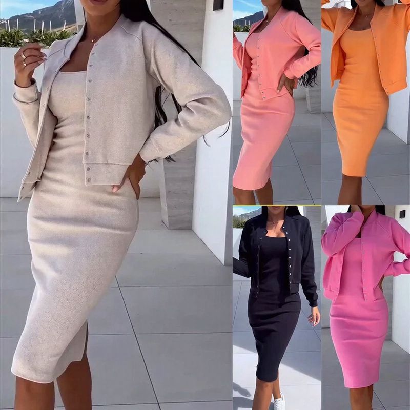 Mila™ Set mit Midikleid und geknöpfter Cropped-Strickjacke