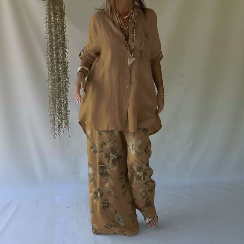 Chloe™ Zweiteiliges Set mit lockerem Hemd und eleganter floraler Pantalonahose