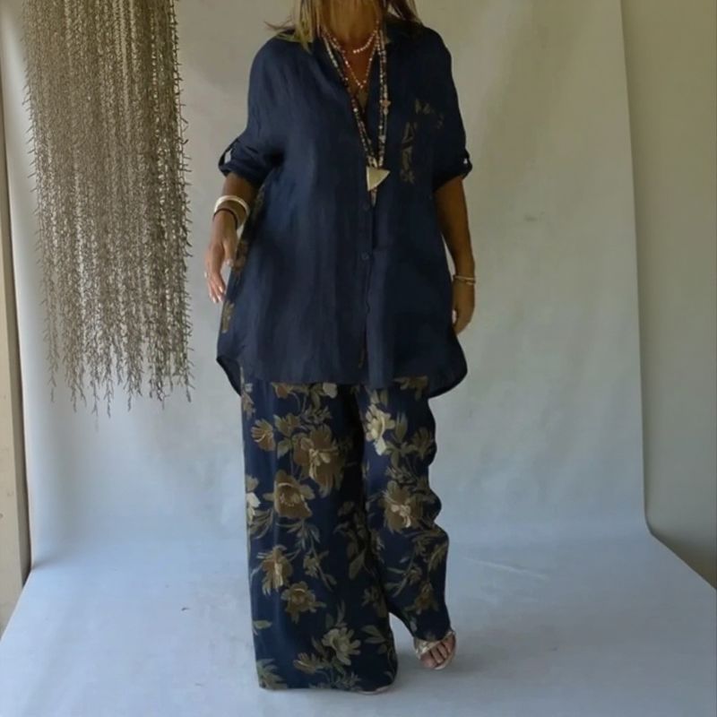 Chloe™ Zweiteiliges Set mit lockerem Hemd und eleganter floraler Pantalonahose
