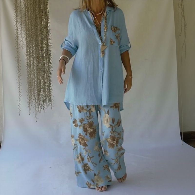 Chloe™ Zweiteiliges Set mit lockerem Hemd und eleganter floraler Pantalonahose