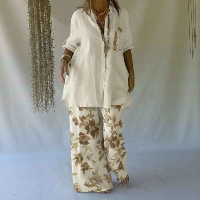 Chloe™ Zweiteiliges Set mit lockerem Hemd und eleganter floraler Pantalonahose
