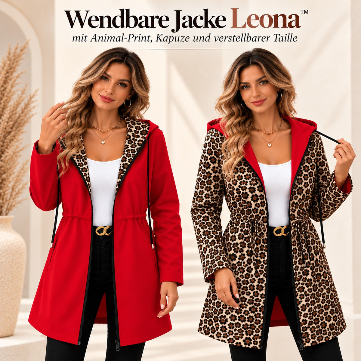 Wendbare Jacke Leona™ mit Animal-Print, Kapuze und verstellbarer Taille