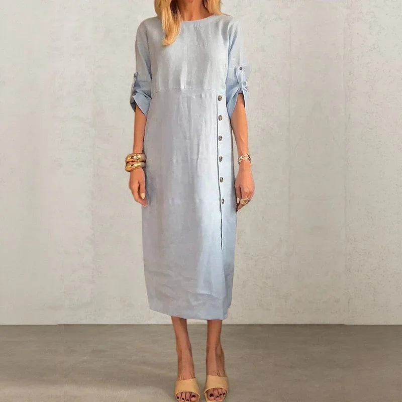Adelie™ Baumwoll-Leinenkleid mit seitlichen Knöpfen und raffiniertem Schlitz / Bewegung und Eleganz in der richtigen Dosierung!