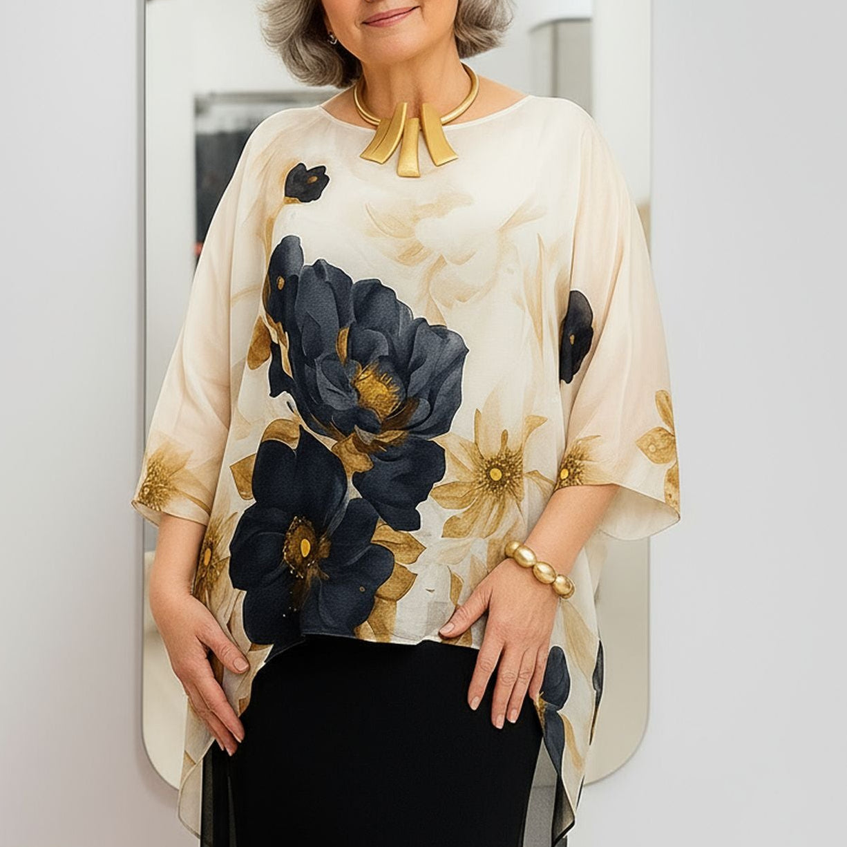 GoldLine™ Bluse mit Atemberaubendem Blumenprint und Weiten Ärmeln / Zeitlose Eleganz bei Jeder Bewegung!