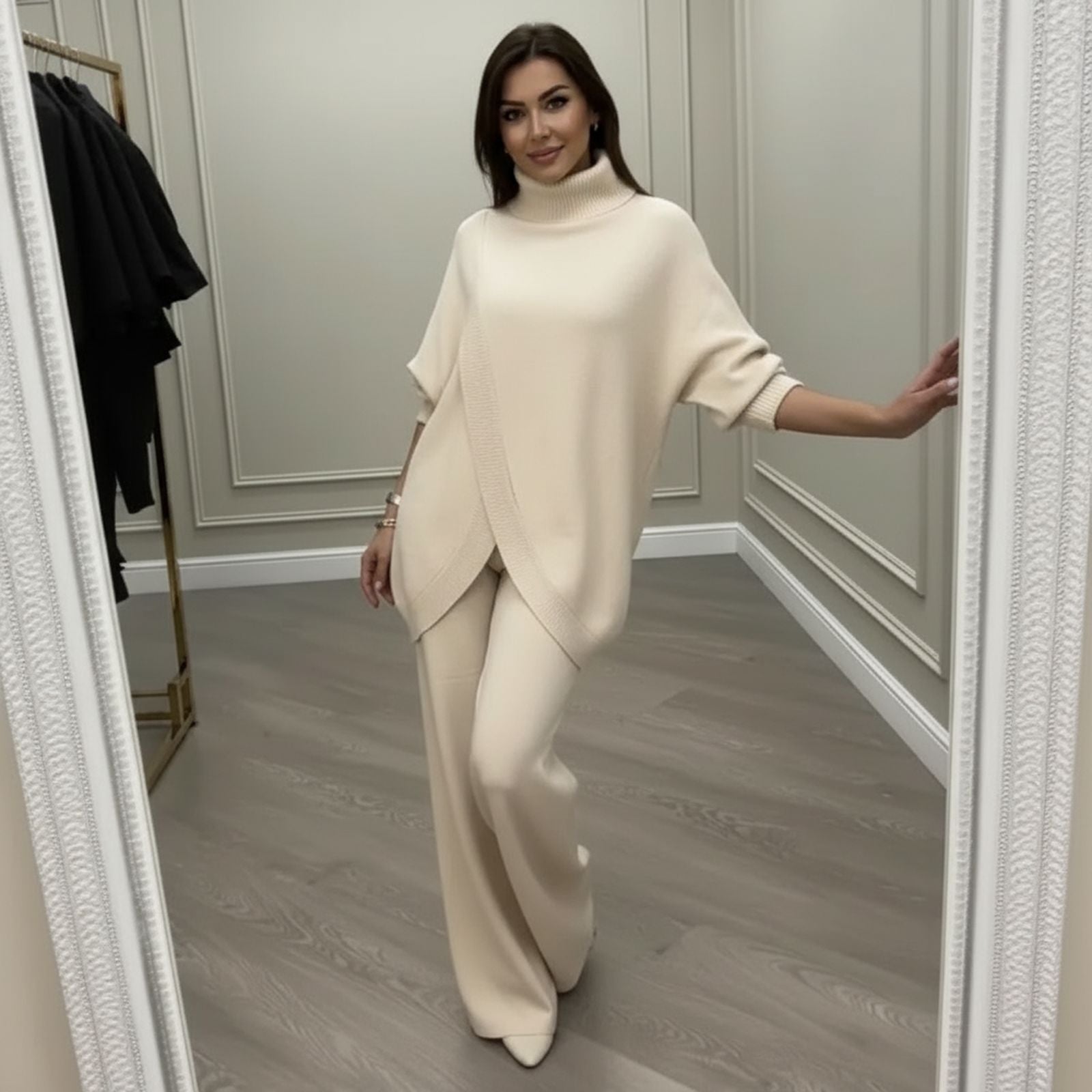 LyraKnit™ - Set aus Hochwertigem Strick mit Strukturierter Oversize-Bluse und Gerader Hose – Natürliche Eleganz!