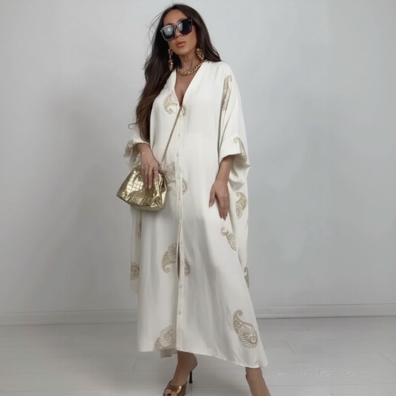 Zahara™-Kleid aus fließender Viskose mit goldenen Verzierungen / Skulpturale Eleganz für Frauen mit beeindruckender Ausstrahlung!