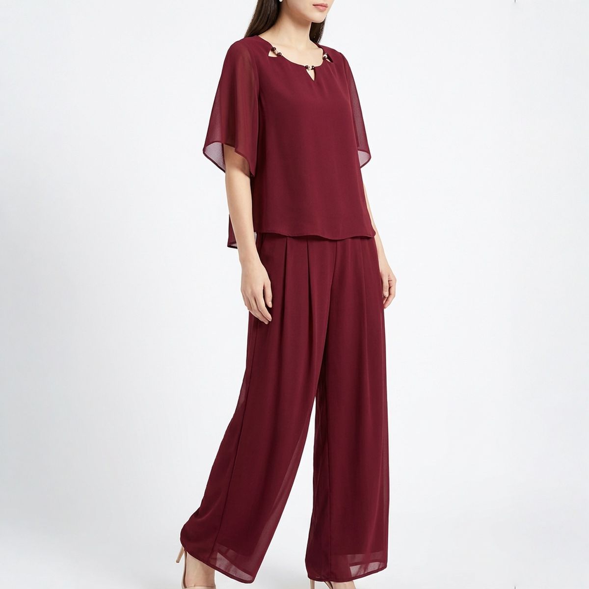 Elara™ Elegantes Popeline-Set mit Raffiniertem Ausschnitt und Langer Hose