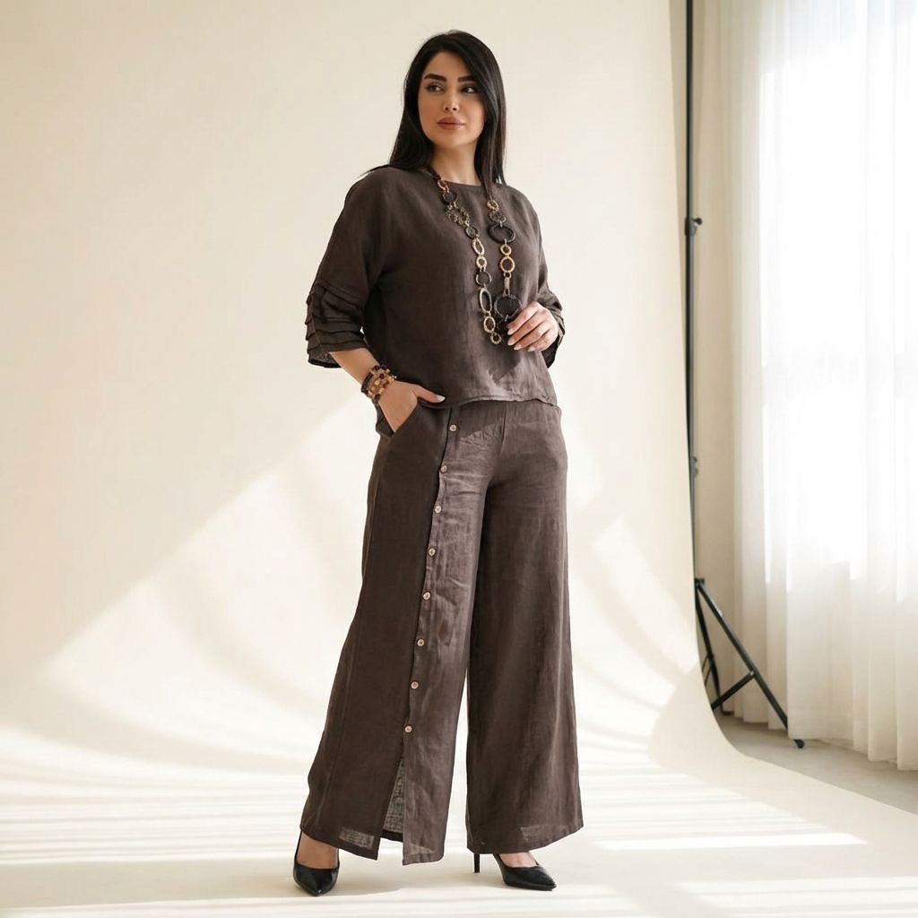 Roots™ Baumwoll-Leinen-Set mit Lockerem Oberteil und Eleganter Weit Geschnittener Hose