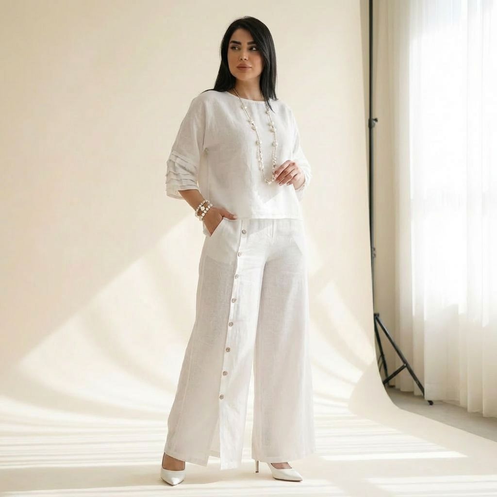 Roots™ Baumwoll-Leinen-Set mit Lockerem Oberteil und Eleganter Weit Geschnittener Hose