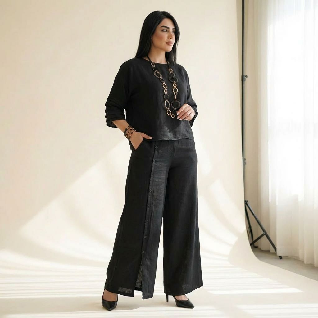 Roots™ Baumwoll-Leinen-Set mit Lockerem Oberteil und Eleganter Weit Geschnittener Hose