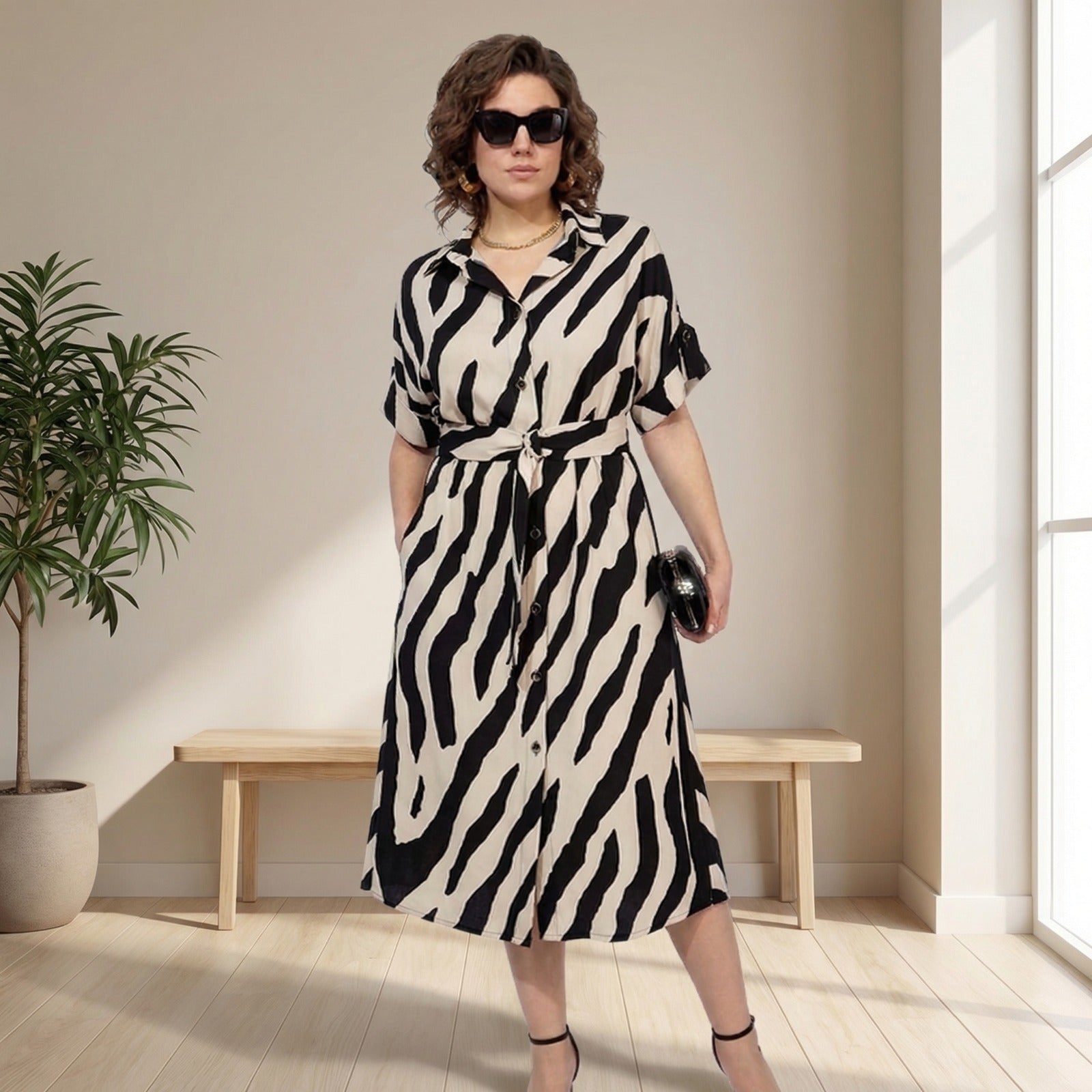 Elfenbein™ Zebra-Print-Maxikleid mit verstellbarer Taille