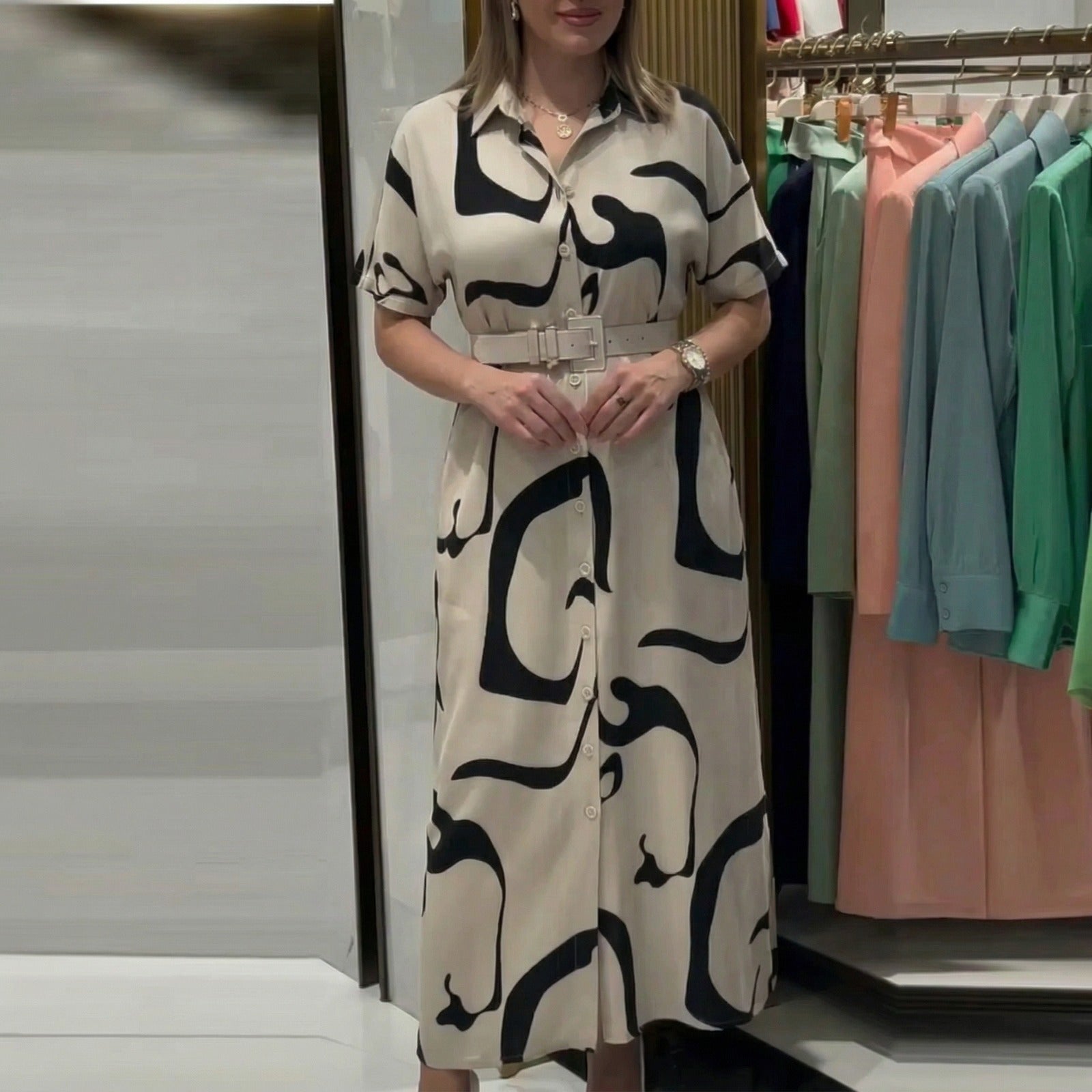 Arianna™ Gemustertes Hemdblusenkleid mit Verstellbarem Gürtel