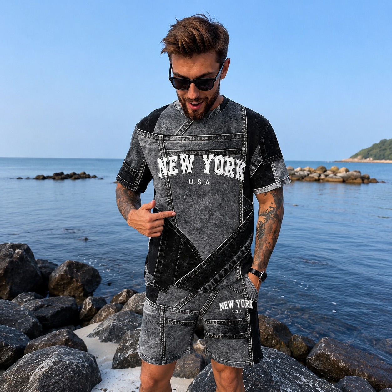 Dominic™ Set mit Denim-Effekt und Kurzarm-T-Shirt