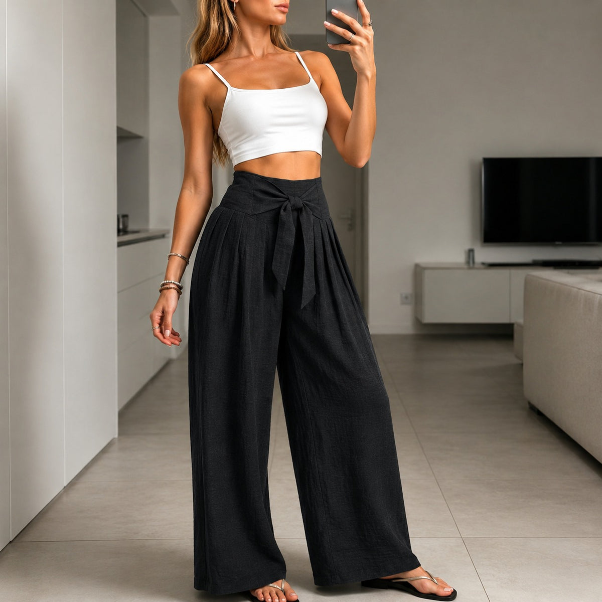 Arielle™ Hose mit Eleganter Verstellbarer Bindeschärpe und Strukturiertem Bund