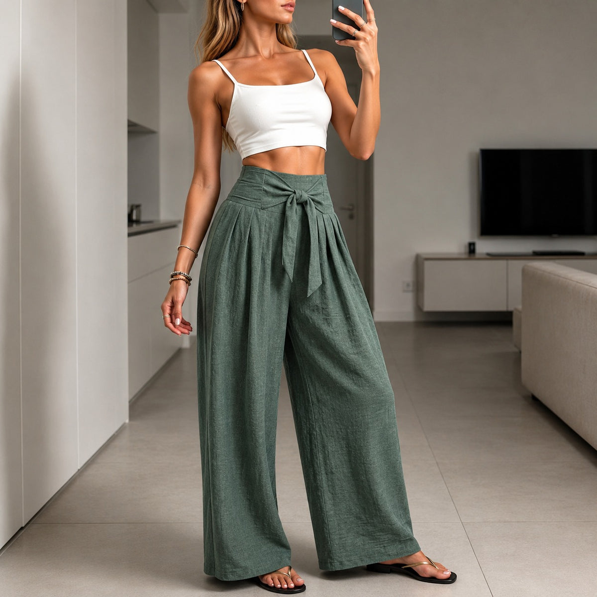 Arielle™ Hose mit Eleganter Verstellbarer Bindeschärpe und Strukturiertem Bund