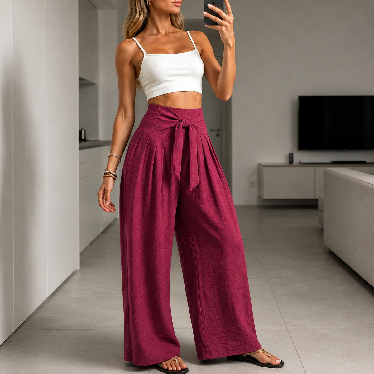 Arielle™ Hose mit Eleganter Verstellbarer Bindeschärpe und Strukturiertem Bund
