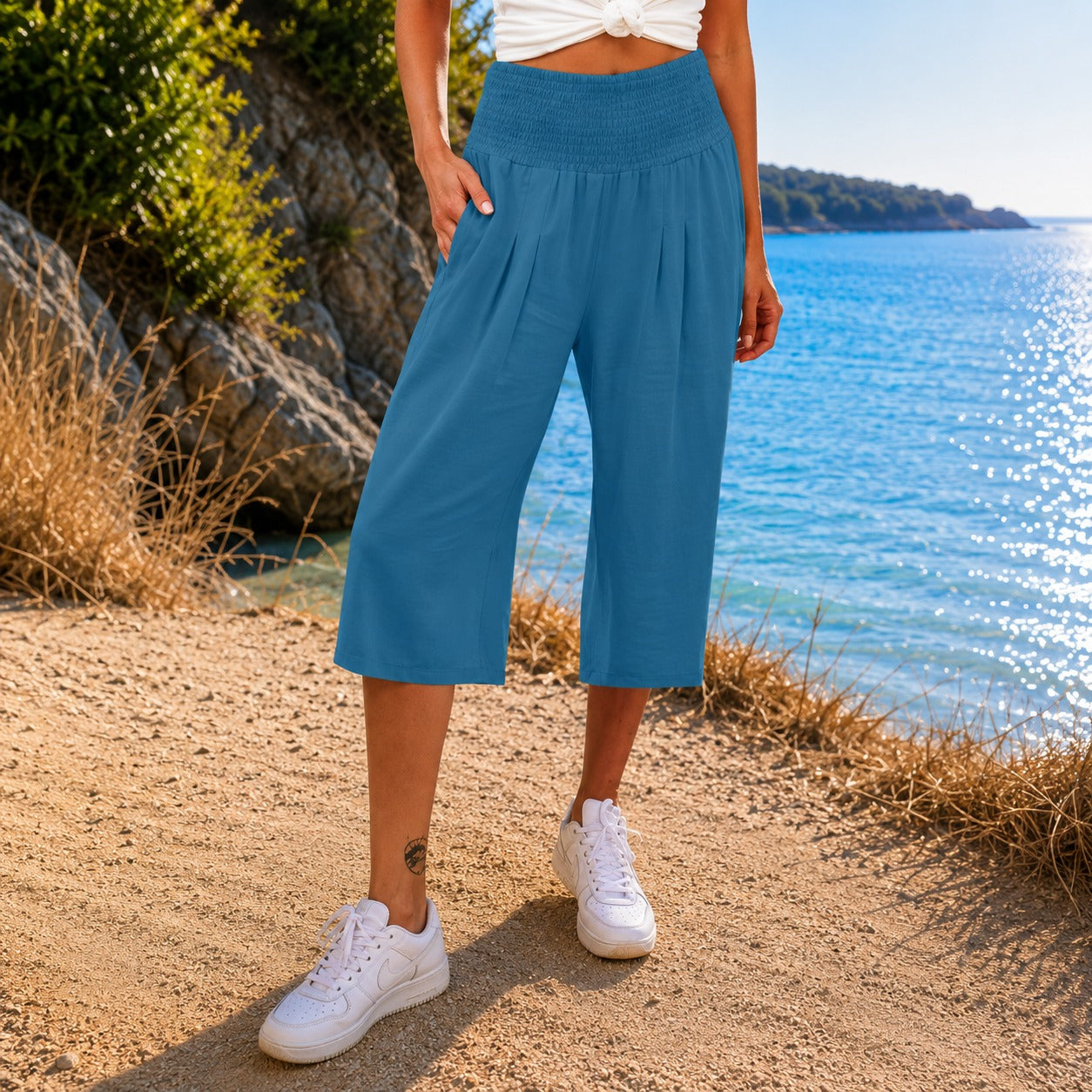 Rosetta™ Caprihose aus Baumwoll-Leinen mit Elegantem Gesmoktem Bund