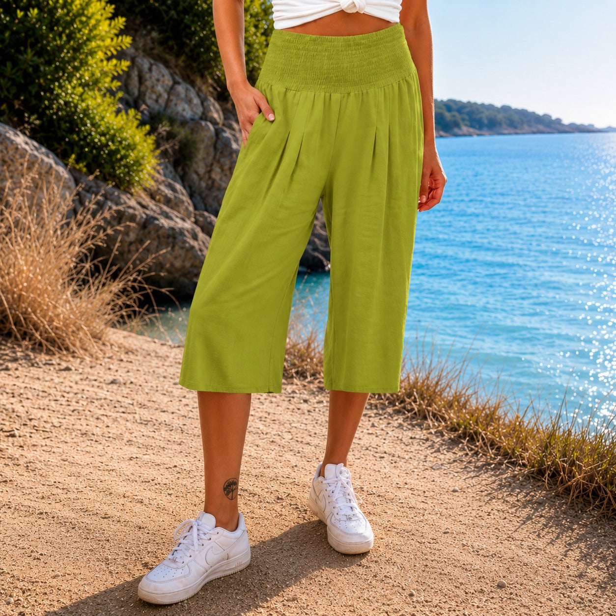 Rosetta™ Caprihose aus Baumwoll-Leinen mit Elegantem Gesmoktem Bund
