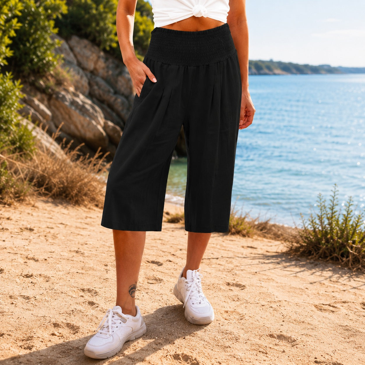 Rosetta™ Caprihose aus Baumwoll-Leinen mit Elegantem Gesmoktem Bund