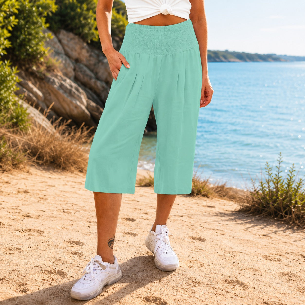 Rosetta™ Caprihose aus Baumwoll-Leinen mit Elegantem Gesmoktem Bund