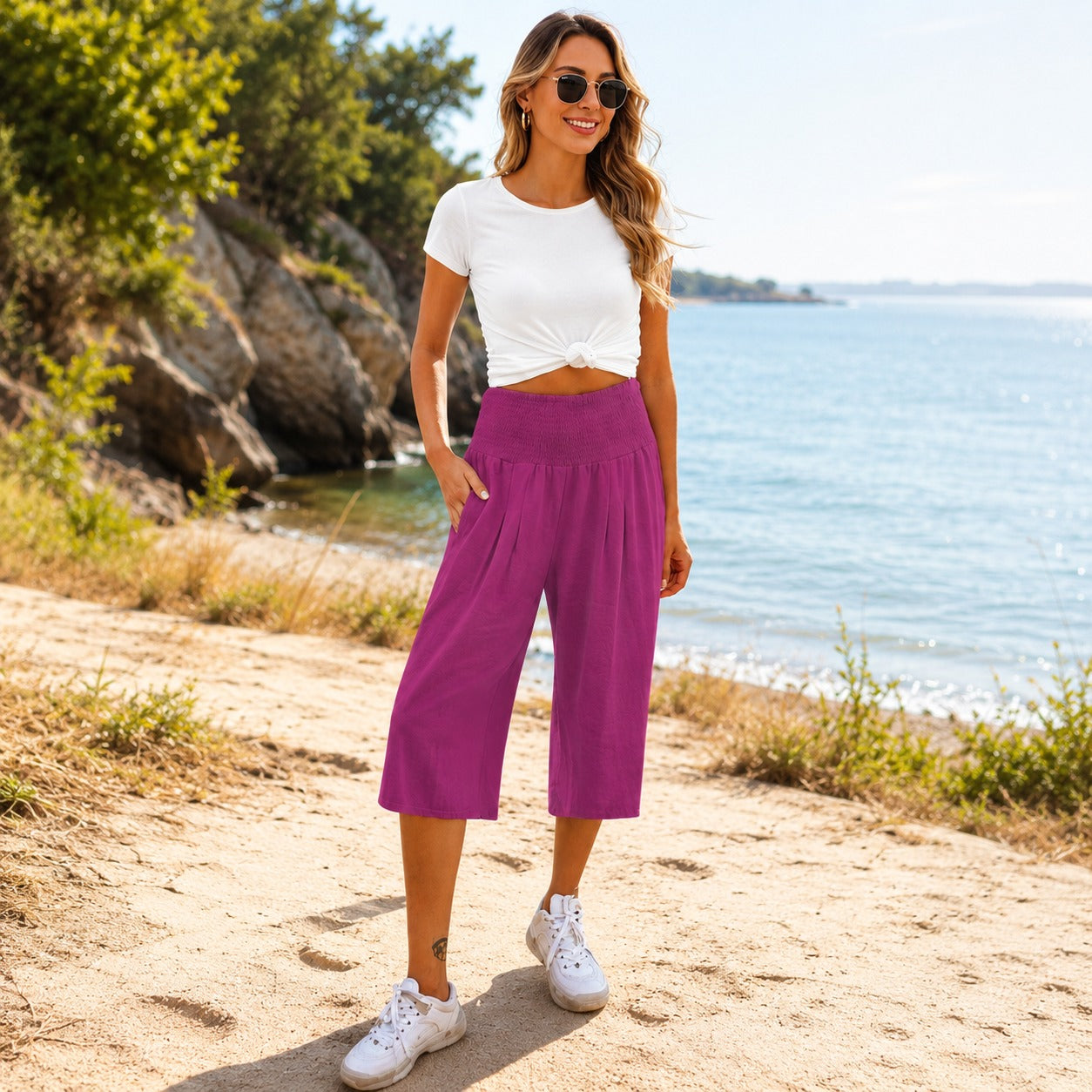 Rosetta™ Caprihose aus Baumwoll-Leinen mit Elegantem Gesmoktem Bund