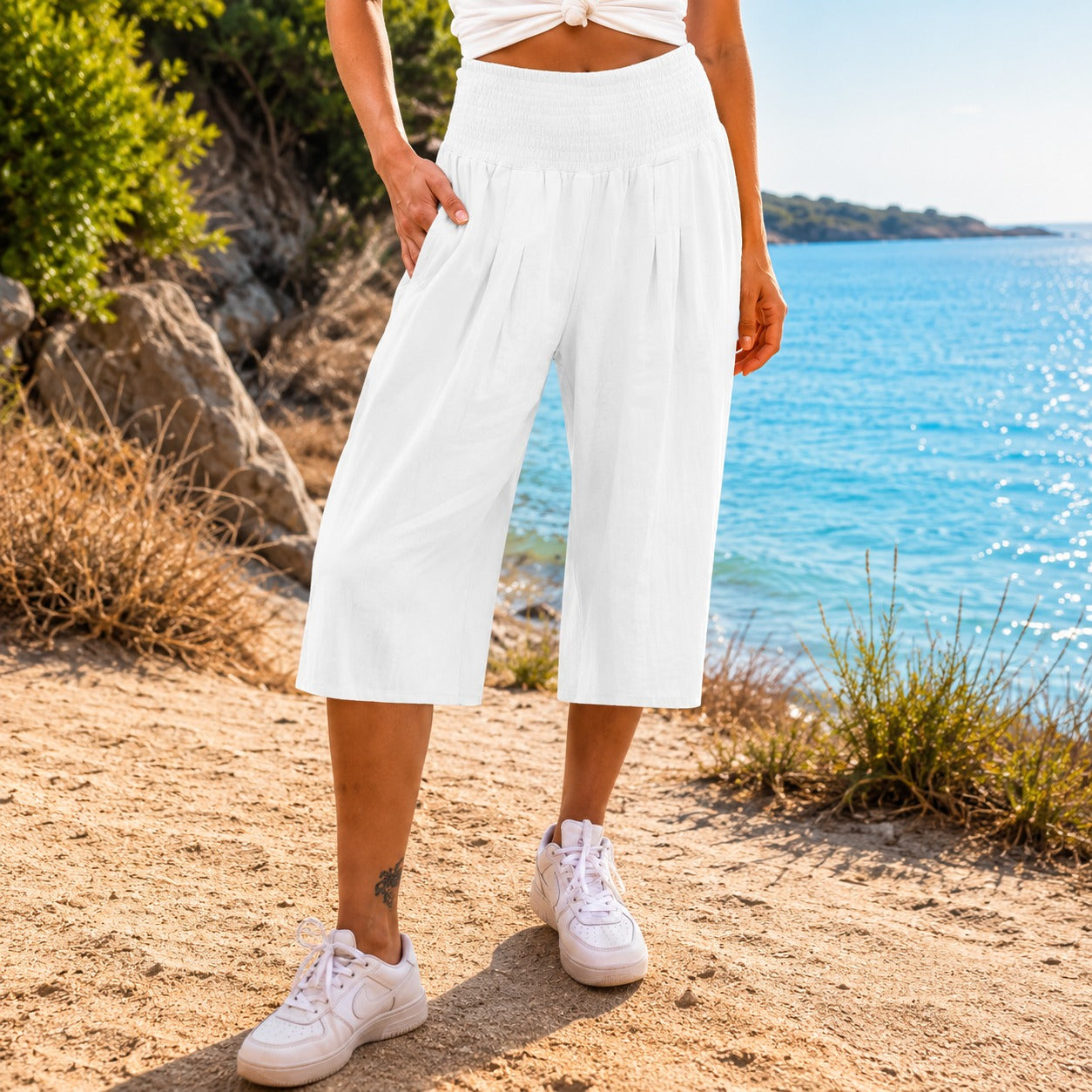 Rosetta™ Caprihose aus Baumwoll-Leinen mit Elegantem Gesmoktem Bund