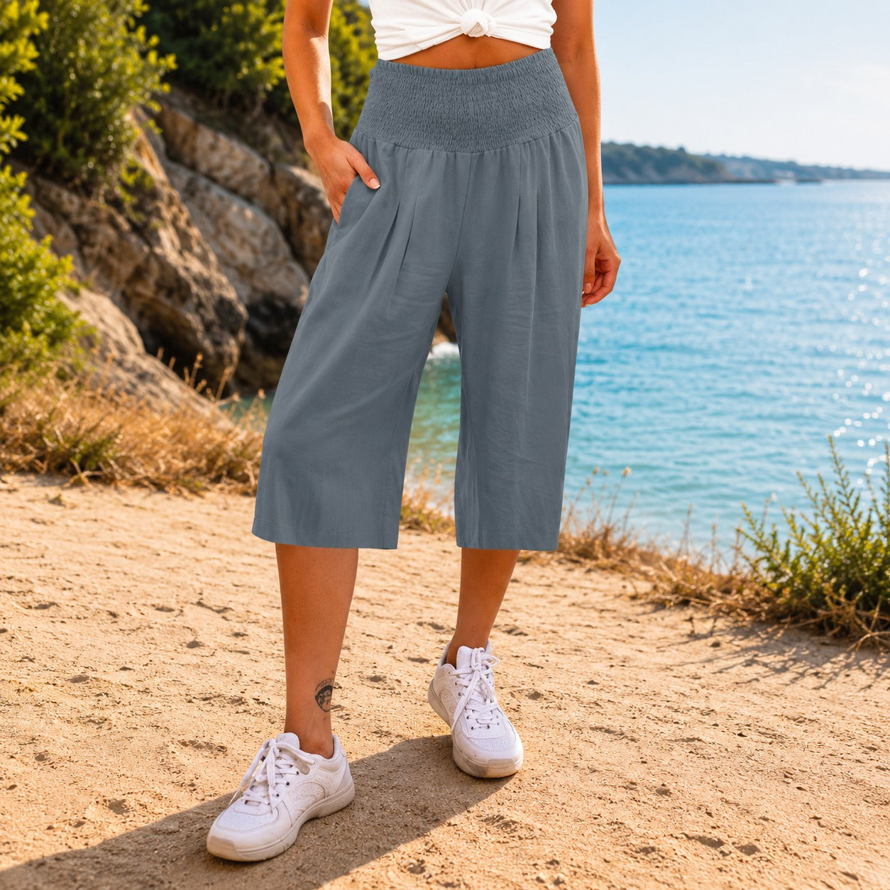 Rosetta™ Caprihose aus Baumwoll-Leinen mit Elegantem Gesmoktem Bund